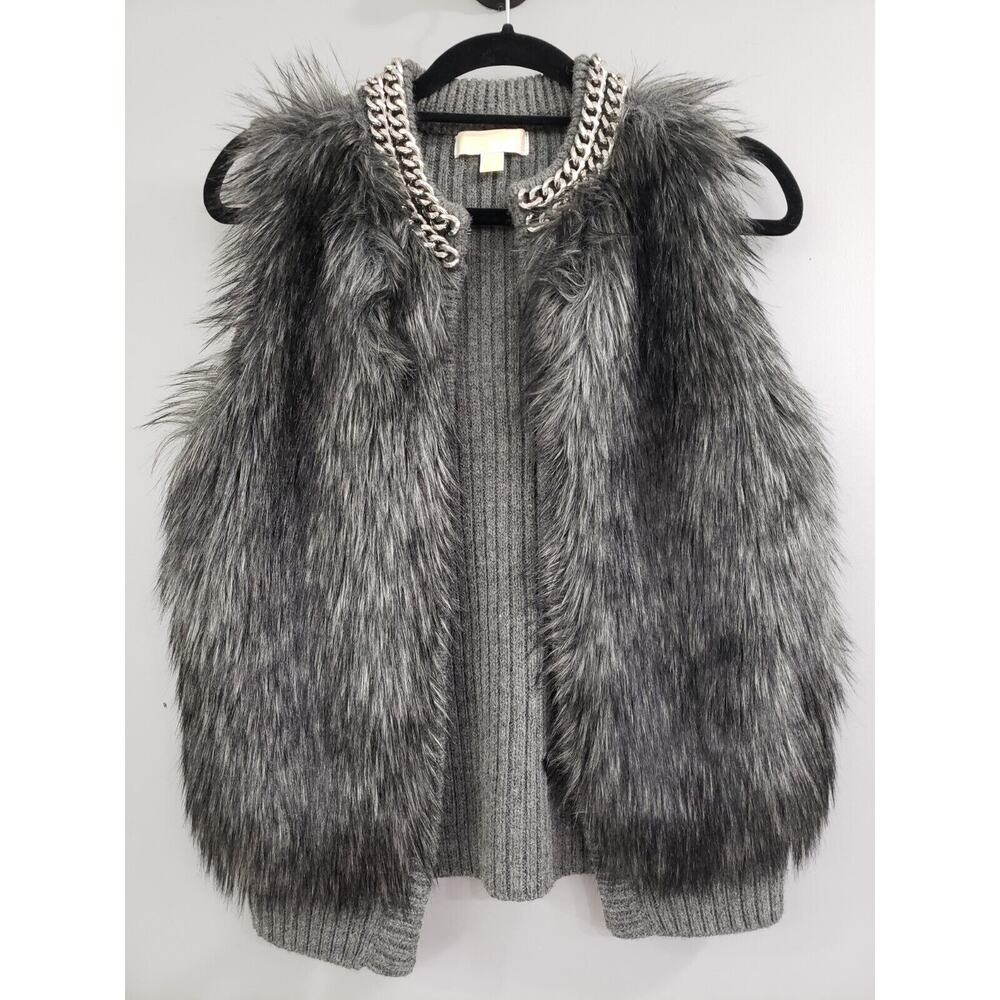MICHAEL KORS Chain Detail Faux Fur Sweater Vest Derby Wool Blend Glam Mob Boss